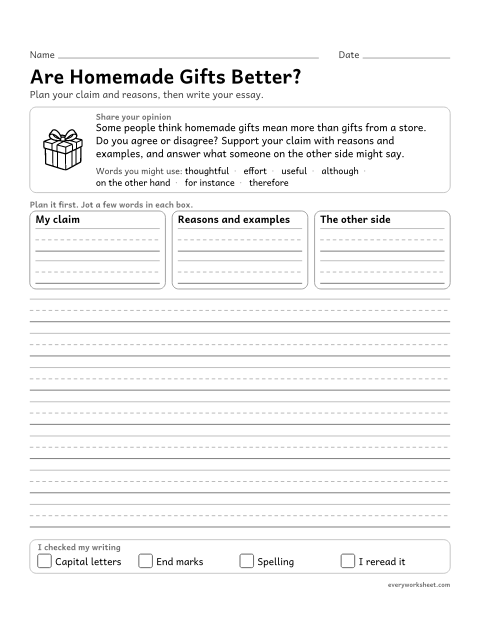 Preview of the printable “Are homemade gifts Better?: christmas opinion writing prompt (5th Grade)” worksheet: writing an opinion essay with logically ordered reasons, facts and examples, and a response to the other side