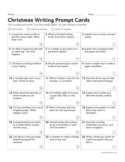 Preview of the printable “Christmas writing prompt cards (24 Prompts)” worksheet: choosing from 24 Christmas prompts and writing a story, an opinion or an explanation