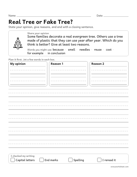 Preview of the printable “Real tree or fake Tree?: christmas opinion writing prompt (3rd Grade)” worksheet: writing an opinion piece that supports a point of view with reasons