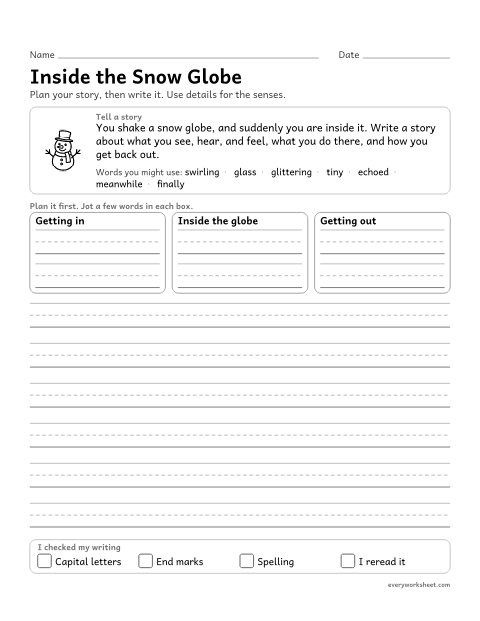 Preview of the printable “Inside the snow Globe: christmas narrative writing prompt (4th Grade)” worksheet: writing a narrative with sensory details and a clear sequence of events