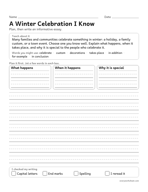 Preview of the printable “A winter celebration I Know: christmas informative writing prompt (5th Grade)” worksheet: writing an informative essay about a celebration, with facts, details and a concluding section