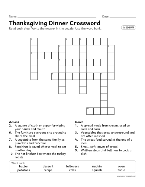 Preview of the printable “Thanksgiving dinner crossword (Medium)” worksheet: using definitions to work out Thanksgiving words (potatoes, rolls, butter) in a crossword