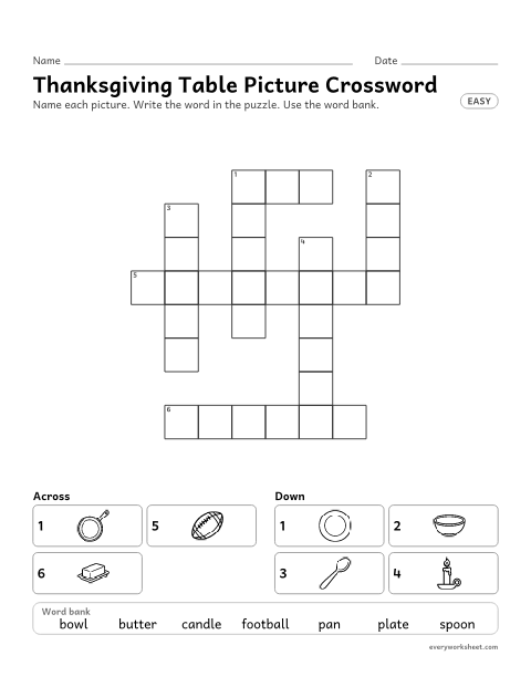 Preview of the printable “Thanksgiving table picture crossword (Easy)” worksheet: naming Thanksgiving pictures and spelling the words (plate, bowl, spoon) in a crossword