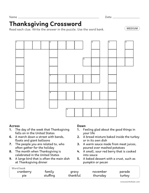 Preview of the printable “Thanksgiving crossword (Medium)” worksheet: using definitions to work out Thanksgiving words (turkey, gravy, stuffing) in a crossword