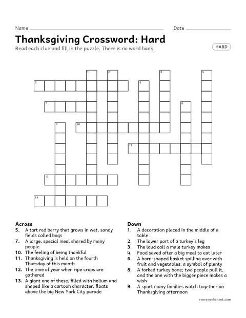 Preview of the printable “Thanksgiving Crossword: hard” worksheet: solving Thanksgiving vocabulary clues (cornucopia, gratitude, wishbone) with no word bank