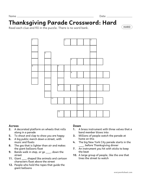 Preview of the printable “Thanksgiving parade Crossword: hard” worksheet: solving Thanksgiving vocabulary clues (parade, balloons, float) with no word bank