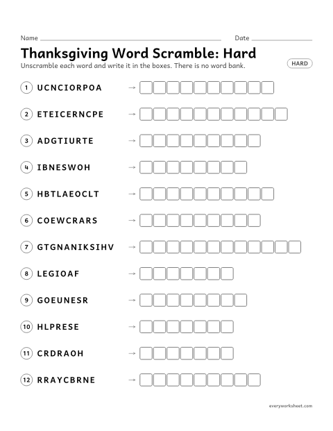 Preview of the printable “Thanksgiving word Scramble: hard” worksheet: unscrambling and spelling Thanksgiving words (cornucopia, centerpiece, gratitude)