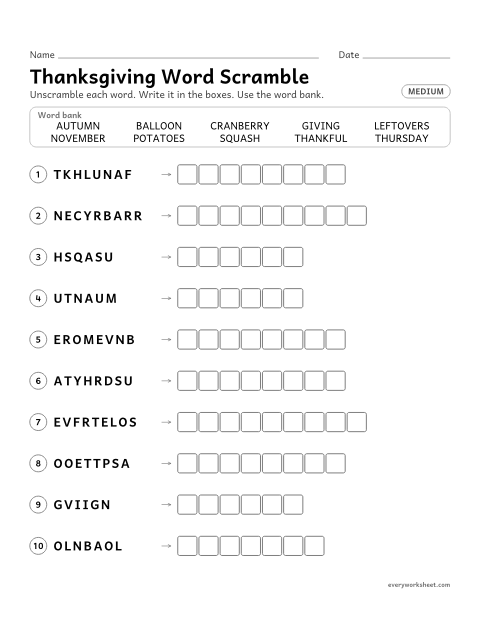 Preview of the printable “Thanksgiving word scramble (Medium)” worksheet: unscrambling and spelling Thanksgiving words (thankful, cranberry, squash)
