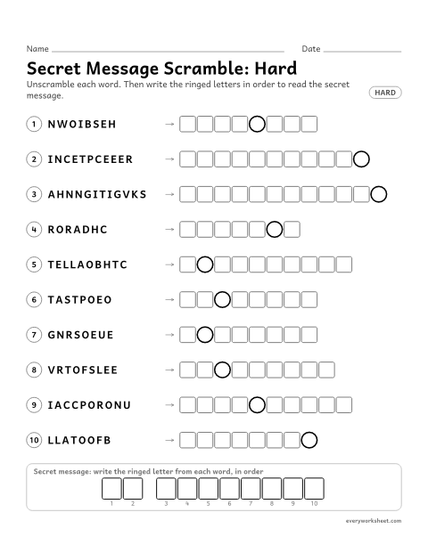 Preview of the printable “Thanksgiving secret message word Scramble: hard” worksheet: unscrambling Thanksgiving words to spell a secret message (wishbone, centerpiece, thanksgiving)