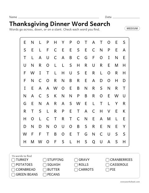 Preview of the printable “Thanksgiving dinner word search (Medium)” worksheet: reading and finding 14 Thanksgiving words (turkey, stuffing, gravy) across, down and on a slant