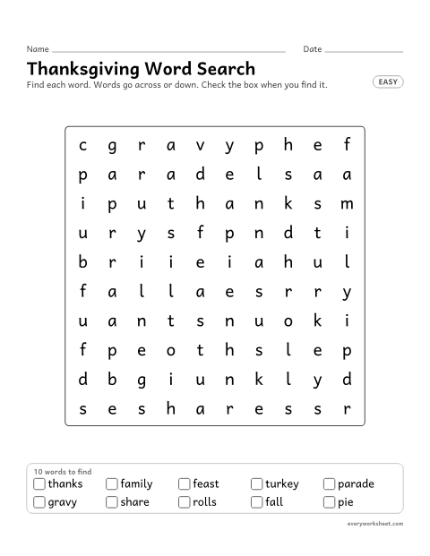 Preview of the printable “Thanksgiving word search with a word list (Easy)” worksheet: reading Thanksgiving words (thanks, family, feast) and finding them across and down