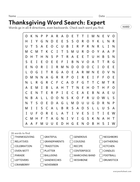 Preview of the printable “Thanksgiving word Search: expert” worksheet: finding 26 Thanksgiving words (thanksgiving, grateful, generous) in all 8 directions, including backwards