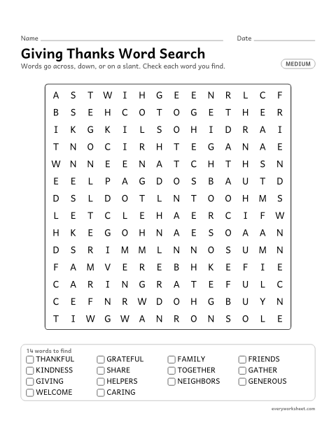 Preview of the printable “Giving thanks word search (Medium)” worksheet: reading and finding 14 Thanksgiving words (thankful, grateful, family) across, down and on a slant