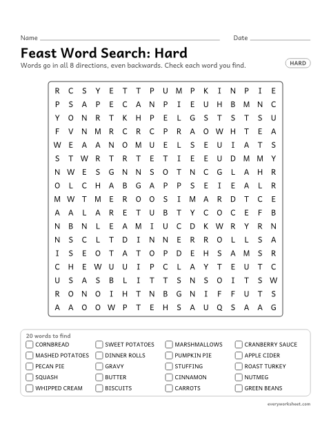 Preview of the printable “Thanksgiving feast word Search: hard” worksheet: finding 20 Thanksgiving words (cornbread, sweet potatoes, marshmallows) in all 8 directions, including backwards