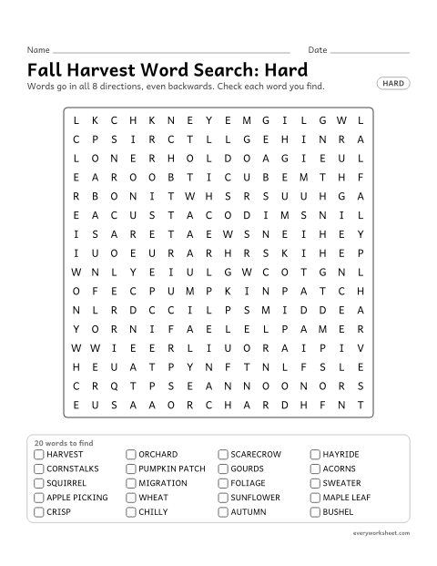 Preview of the printable “Fall harvest word Search: hard” worksheet: finding 20 Thanksgiving words (harvest, orchard, scarecrow) in all 8 directions, including backwards