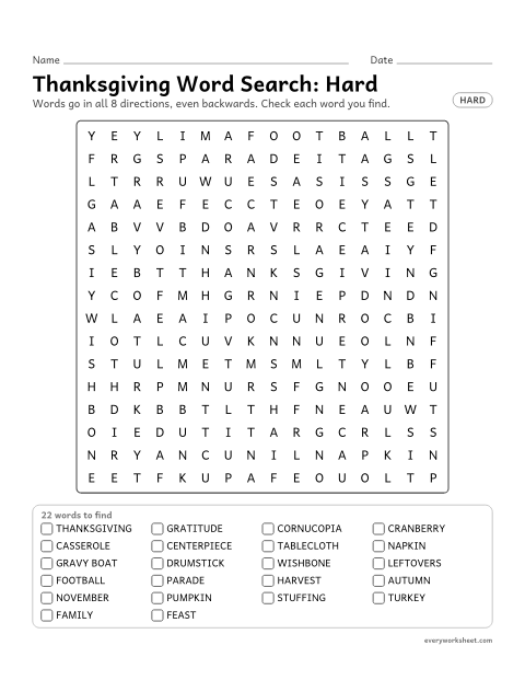 Preview of the printable “Thanksgiving word Search: hard” worksheet: finding 22 Thanksgiving words (thanksgiving, gratitude, cornucopia) in all 8 directions, including backwards