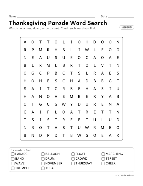 Preview of the printable “Thanksgiving parade word search (Medium)” worksheet: reading and finding 14 Thanksgiving words (parade, balloon, float) across, down and on a slant