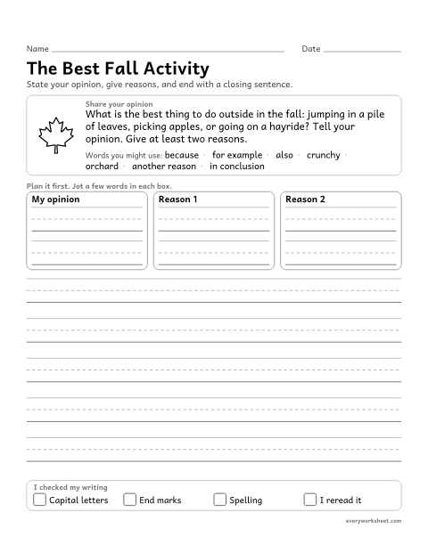 Preview of the printable “The best fall Activity: thanksgiving opinion writing prompt (3rd Grade)” worksheet: writing an opinion piece that supports a point of view with reasons