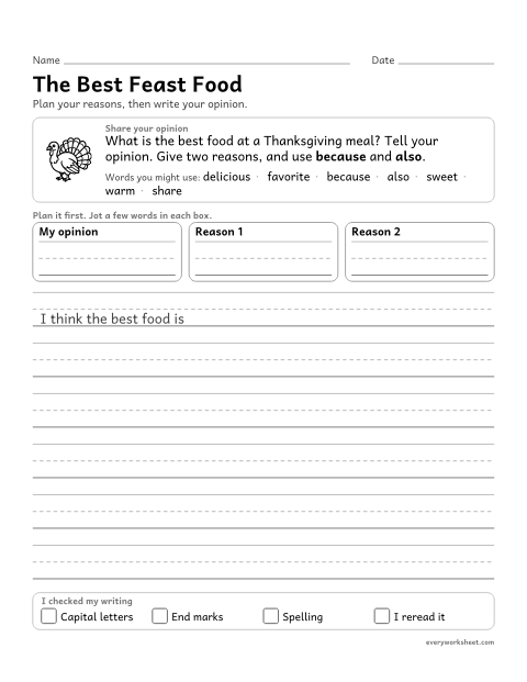 Preview of the printable “The best feast Food: thanksgiving opinion writing prompt (2nd Grade)” worksheet: writing an opinion about the best holiday food, with two reasons and a closing