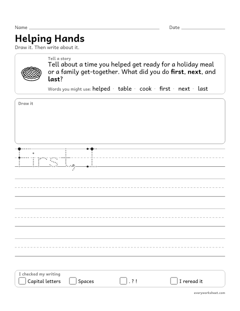 Preview of the printable “Helping Hands: thanksgiving narrative writing prompt (1st Grade)” worksheet: writing a narrative about getting ready for a family meal, with first, next and last