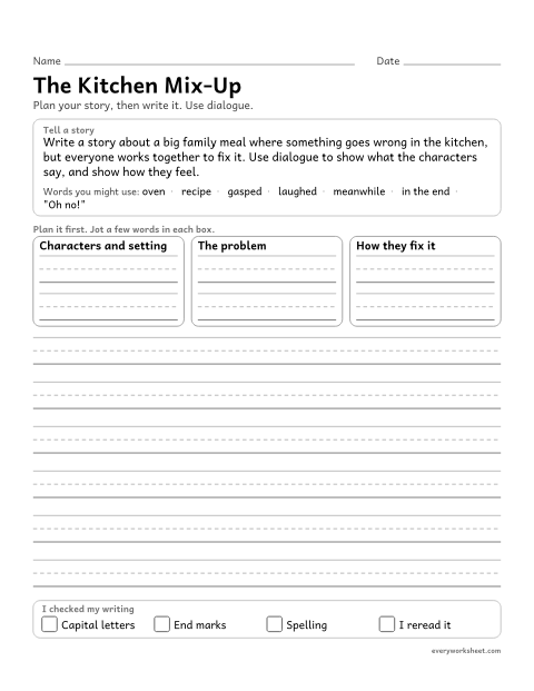 Preview of the printable “The kitchen Mix-Up: thanksgiving narrative writing prompt (4th Grade)” worksheet: writing a narrative with dialogue and description that show how characters respond