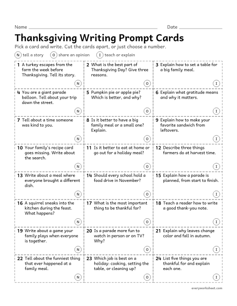 Preview of the printable “Thanksgiving writing prompt cards (24 Prompts)” worksheet: choosing from 24 Thanksgiving prompts and writing a story, an opinion or an explanation