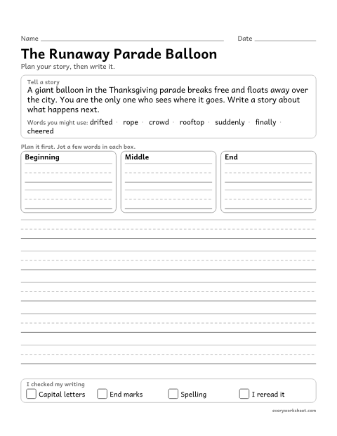 Preview of the printable “The runaway parade Balloon: thanksgiving narrative writing prompt (3rd Grade)” worksheet: writing a narrative with a clear beginning, middle and end, and descriptive details