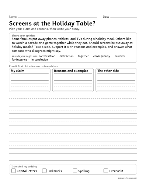 Preview of the printable “Screens at the holiday Table?: thanksgiving opinion writing prompt (5th Grade)” worksheet: writing an opinion essay with logically ordered reasons, facts and examples, and a response to the other side