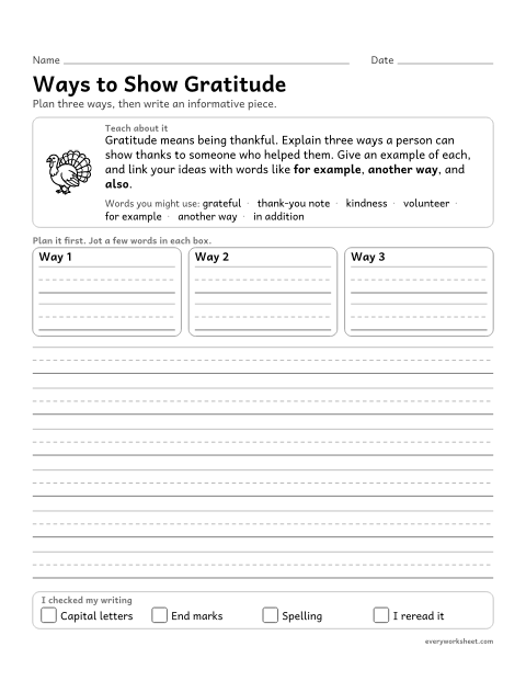 Preview of the printable “Ways to show Gratitude: thanksgiving informative writing prompt (4th Grade)” worksheet: writing an informative piece with a clear topic, examples and linking words