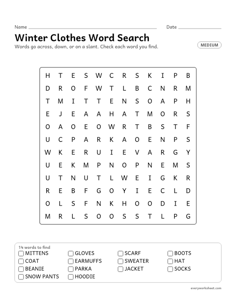 Preview of the printable “Winter clothes word search (Medium)” worksheet: reading and finding 14 winter words (mittens, gloves, scarf) across, down and on a slant