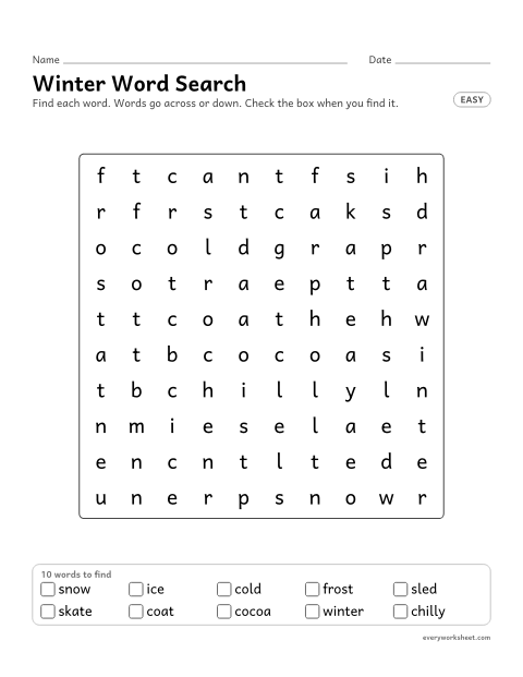 Preview of the printable “Winter word search with a word list (Easy)” worksheet: reading winter words (snow, ice, cold) and finding them across and down
