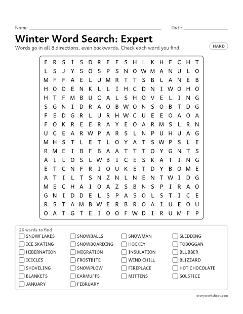 Preview of the printable “Winter word Search: expert” worksheet: finding 26 winter words (snowflakes, snowballs, snowman) in all 8 directions, including backwards