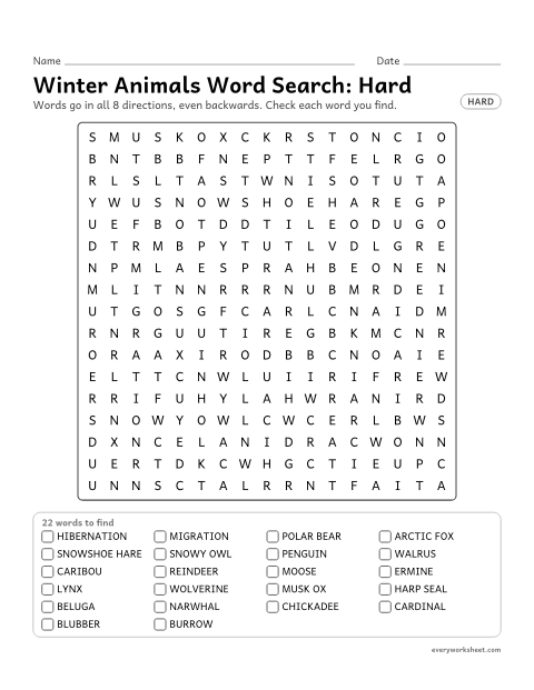 Preview of the printable “Winter animals word Search: hard” worksheet: finding 22 winter words (hibernation, migration, polar bear) in all 8 directions, including backwards