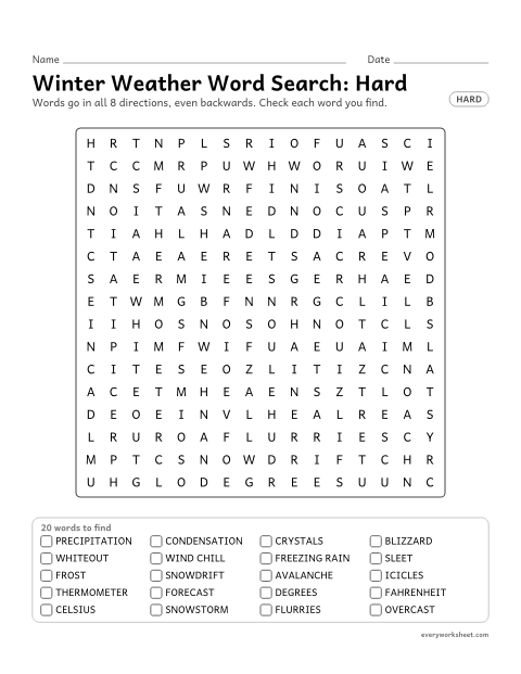 Preview of the printable “Winter weather word Search: hard” worksheet: finding 20 winter words (precipitation, condensation, crystals) in all 8 directions, including backwards