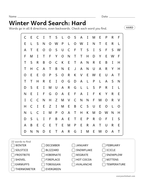 Preview of the printable “Winter word Search: hard” worksheet: finding 22 winter words (winter, december, january) in all 8 directions, including backwards