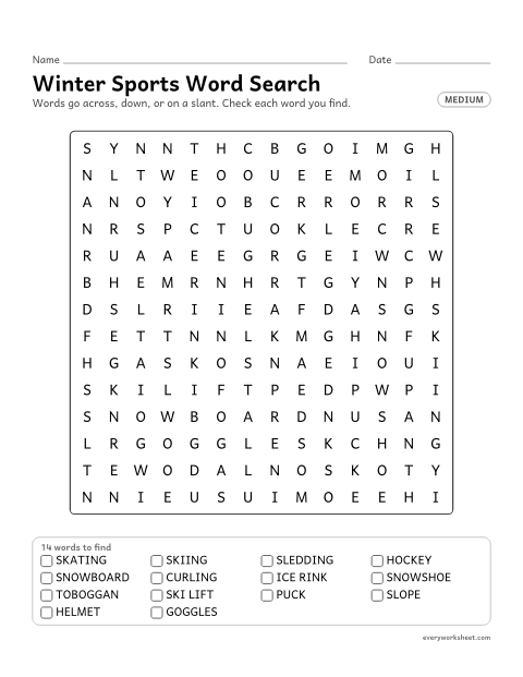 Preview of the printable “Winter sports word search (Medium)” worksheet: reading and finding 14 winter words (skating, skiing, sledding) across, down and on a slant
