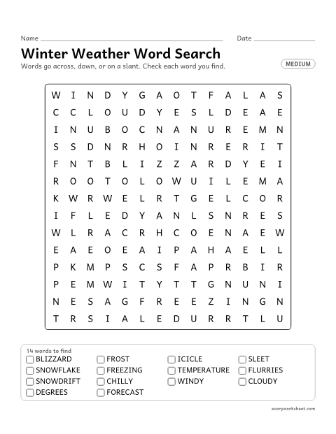 Preview of the printable “Winter weather word search (Medium)” worksheet: reading and finding 14 winter words (blizzard, frost, icicle) across, down and on a slant