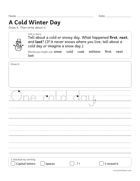 Preview of the printable “A cold winter Day: winter narrative writing prompt (1st Grade)” worksheet: writing a narrative about a winter day, with first, next and last