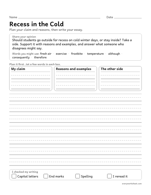 Preview of the printable “Recess in the Cold: winter opinion writing prompt (5th Grade)” worksheet: writing an opinion essay with logically ordered reasons, facts and examples, and a response to the other side