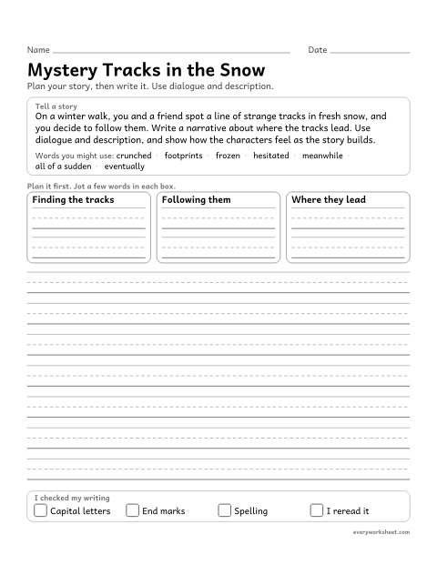 Preview of the printable “Mystery tracks in the Snow: winter narrative writing prompt (5th Grade)” worksheet: writing a narrative that uses dialogue, pacing and description to build suspense and resolve a mystery