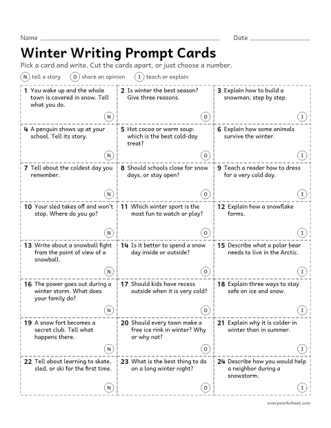 Preview of the printable “Winter writing prompt cards (24 Prompts)” worksheet: choosing from 24 winter prompts and writing a story, an opinion or an explanation