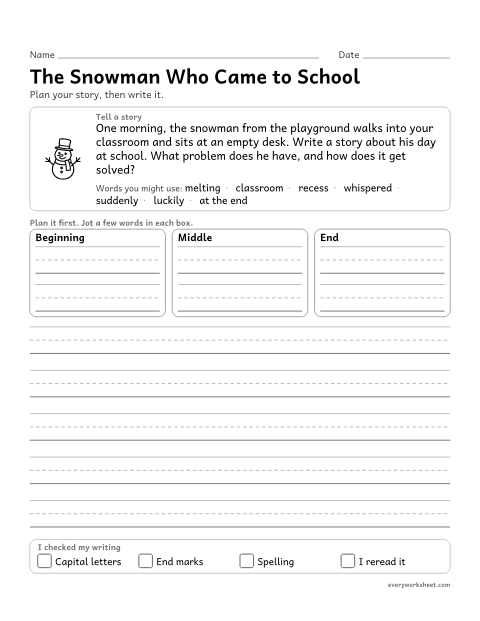 Preview of the printable “The snowman who came to School: winter narrative writing prompt (3rd Grade)” worksheet: writing a narrative with descriptive details, dialogue and a clear sequence of events