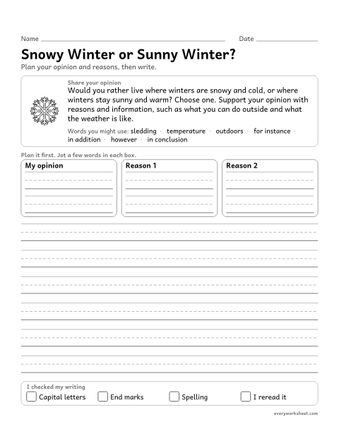 Preview of the printable “Snowy winter or sunny Winter?: winter opinion writing prompt (4th Grade)” worksheet: writing an opinion piece supported by reasons and information