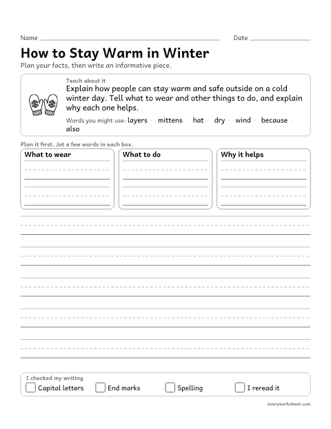 Preview of the printable “How to stay warm in Winter: winter informative writing prompt (3rd Grade)” worksheet: writing an informative piece that groups facts about staying warm, with linking words