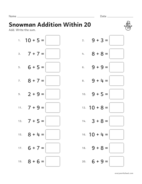 Preview of the printable “Snowman addition within 20” worksheet: adding within 20 (sums 11 to 20)