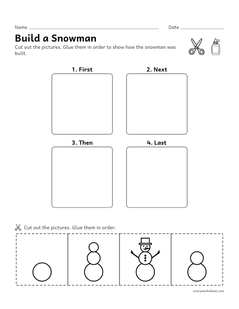 Preview of the printable “Build a snowman Sequencing: cut and paste” worksheet: putting the steps of building a snowman in order
