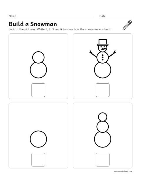 Preview of the printable “Build a snowman Sequencing: number the steps” worksheet: putting the steps of building a snowman in order