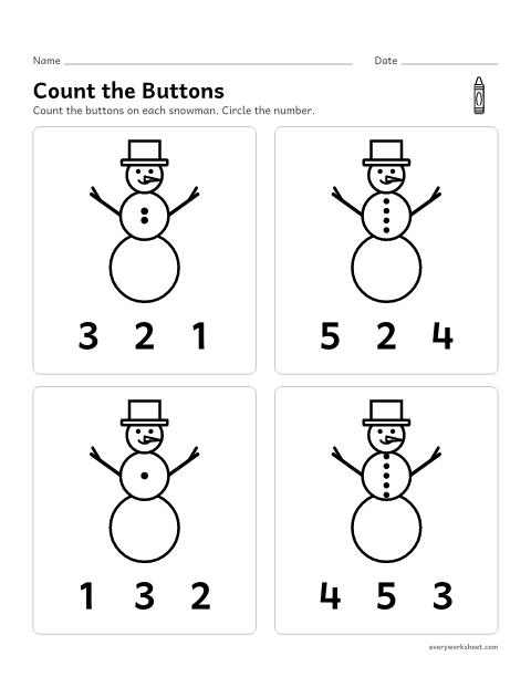 Preview of the printable “Snowman buttons count and circle” worksheet: counting buttons to 5 and matching the number