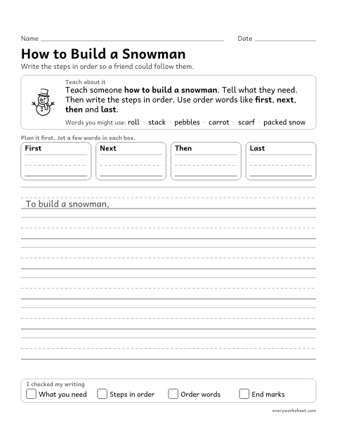 Preview of the printable “How to build a Snowman: How-To writing” worksheet: writing how-to steps in order with order words