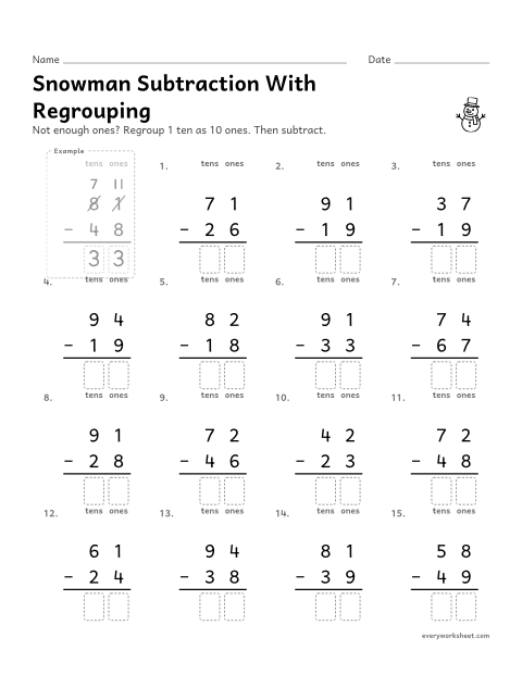 Preview of the printable “Snowman subtraction with regrouping” worksheet: subtracting two-digit numbers with regrouping